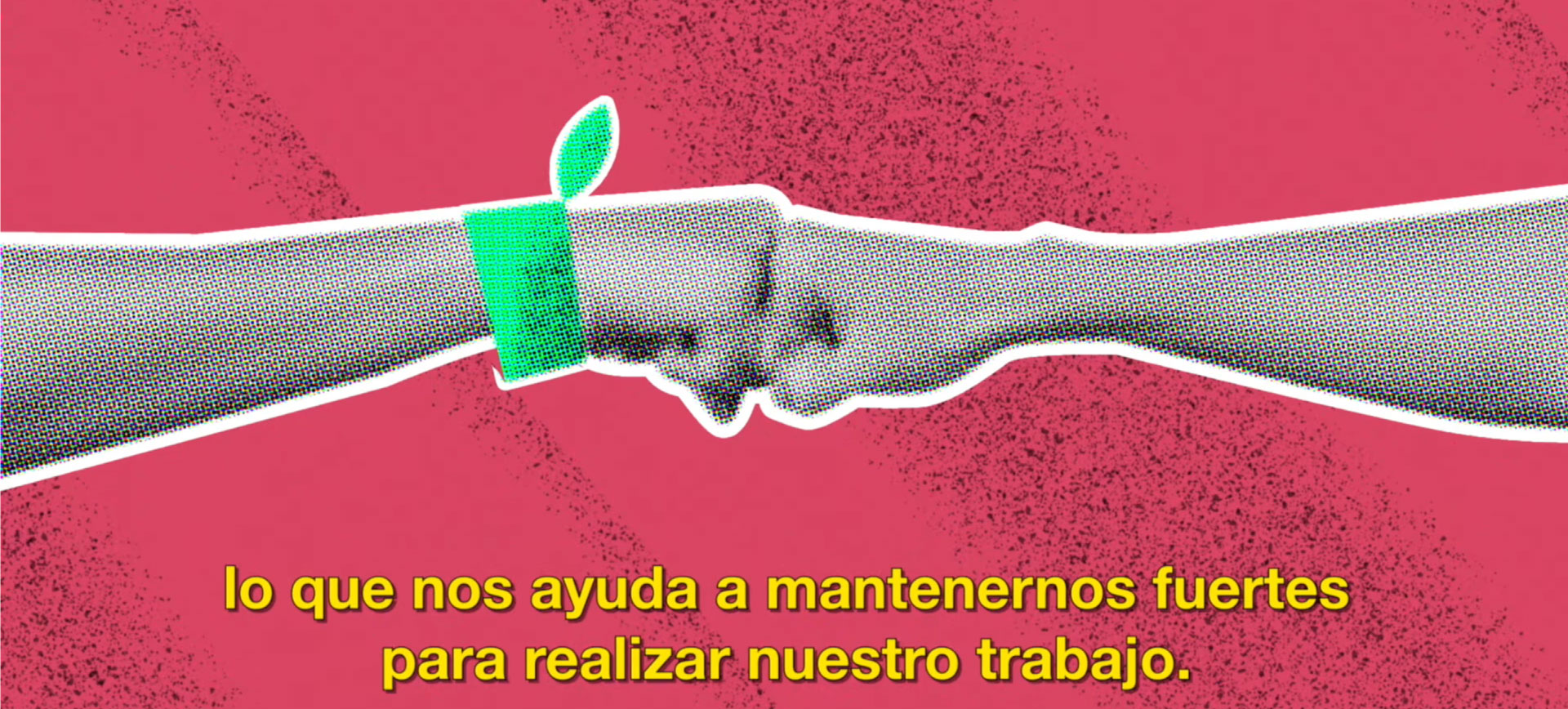 Two illustrated hands meet in a supportive fist bump gesture, connected by a green band with a small leaf, against a bold pink background with Spanish text below.