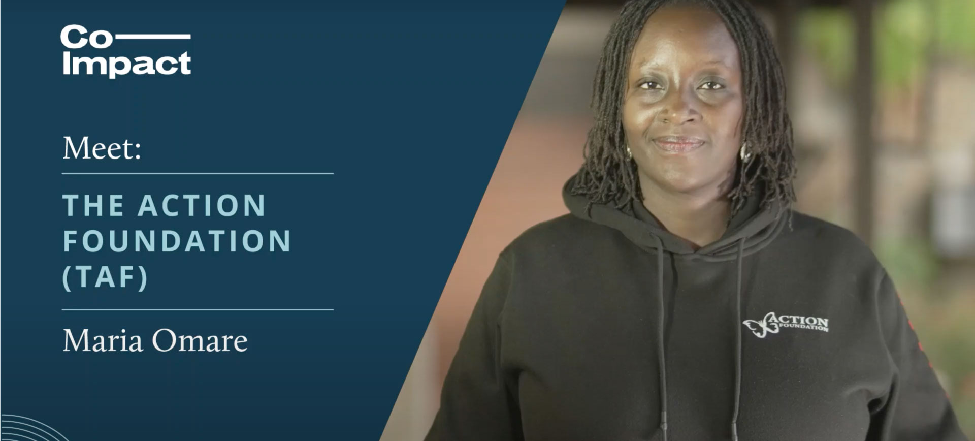 Maria Omare from The Action Foundation TAF smiling in green hoodie with Co-Impact Meet graphic