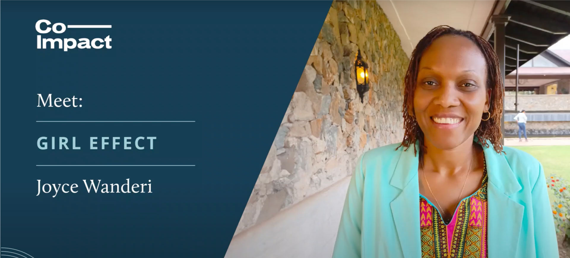 Professional portrait of Joyce Wanderi from Girl Effect organization, smiling in turquoise blazer