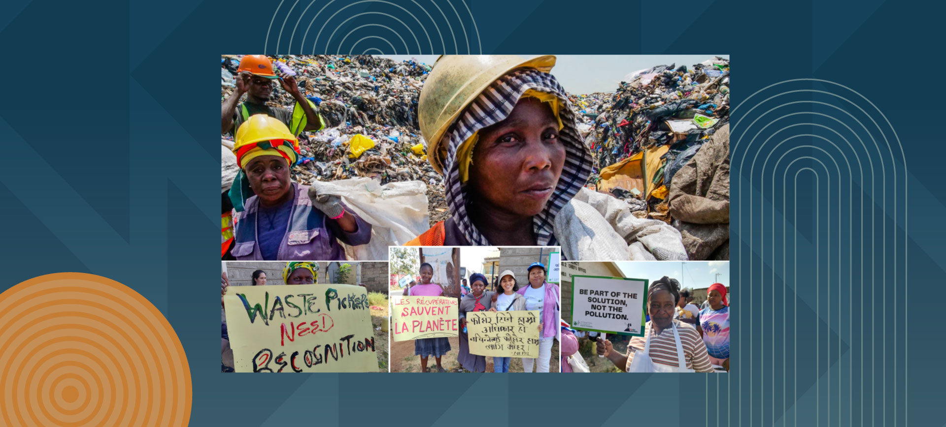 Collage showing waste management workers at landfill and environmental protesters with signs about waste reduction and planet protection